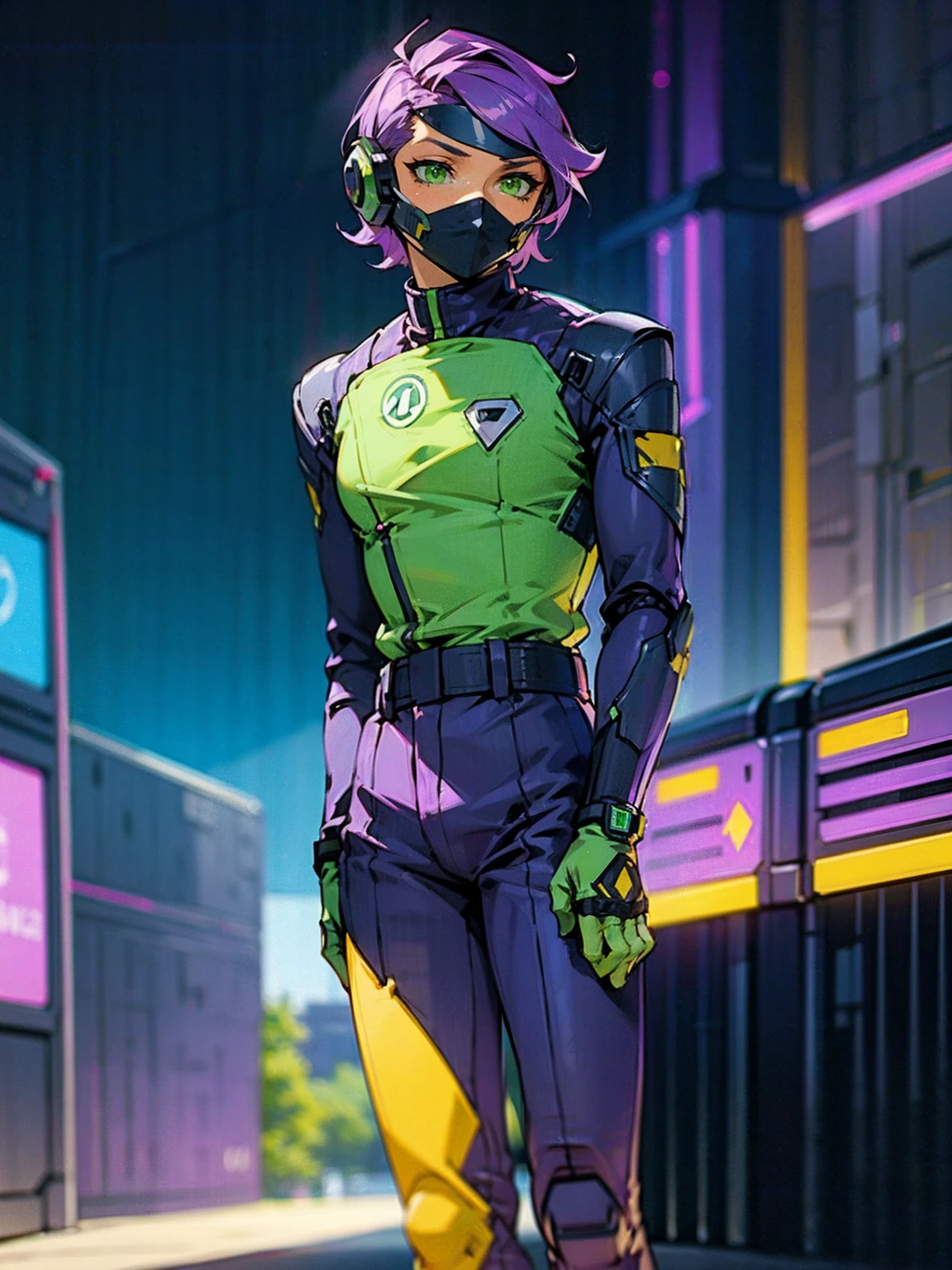 1male, purple visor, green eyes, robot mask, purple speed suit, tied to waist, standing on path, road, modern city