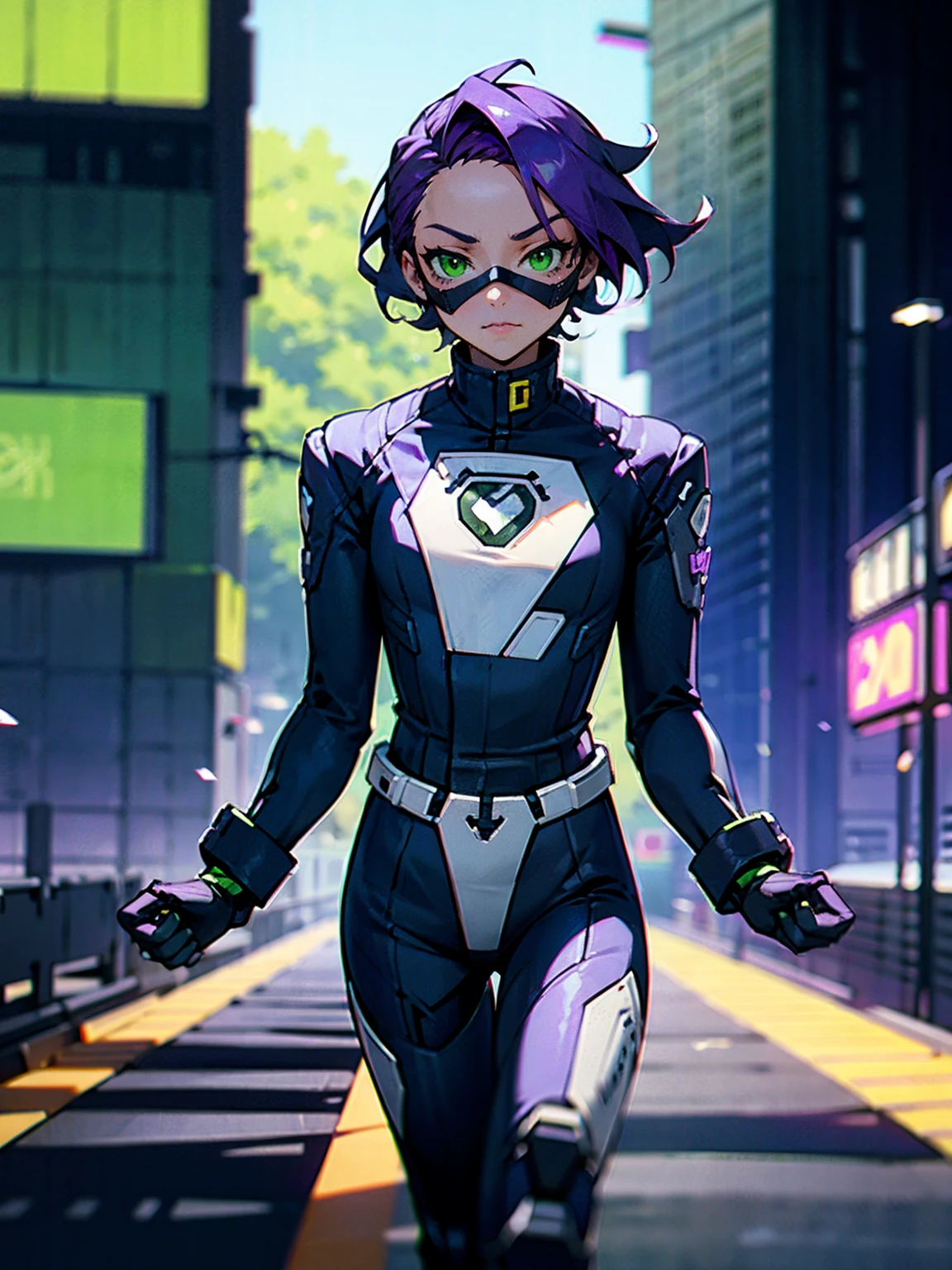 1male, purple visor, green eyes, robot mask, purple speed suit, tied to waist, standing on path, road, modern city