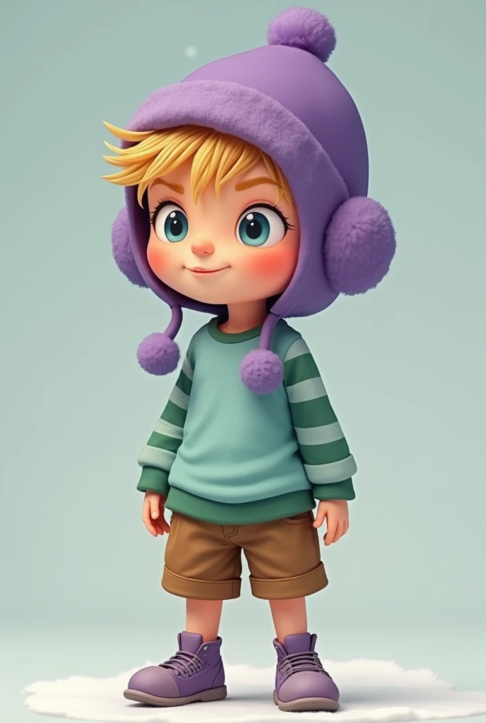  a child man with short blond hair, wearing a light blue shirt with long green striped sleeves and brown shorts and purple shoes along with a purple cold weather cap, which has a huge penis and a naughty face.