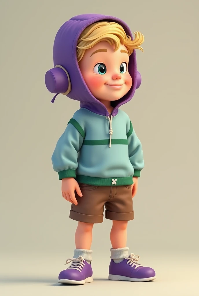 a child man with short blond hair, wearing a light blue shirt with long green striped sleeves and brown shorts and purple shoes along with a purple cold weather cap, which has a huge penis and a naughty face.