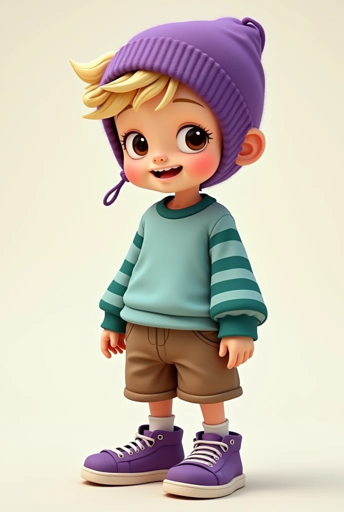 a child man with short blond hair, wearing a light blue shirt with long green striped sleeves and brown shorts and purple shoes along with a purple cold weather cap, which has a huge penis and a naughty face.
