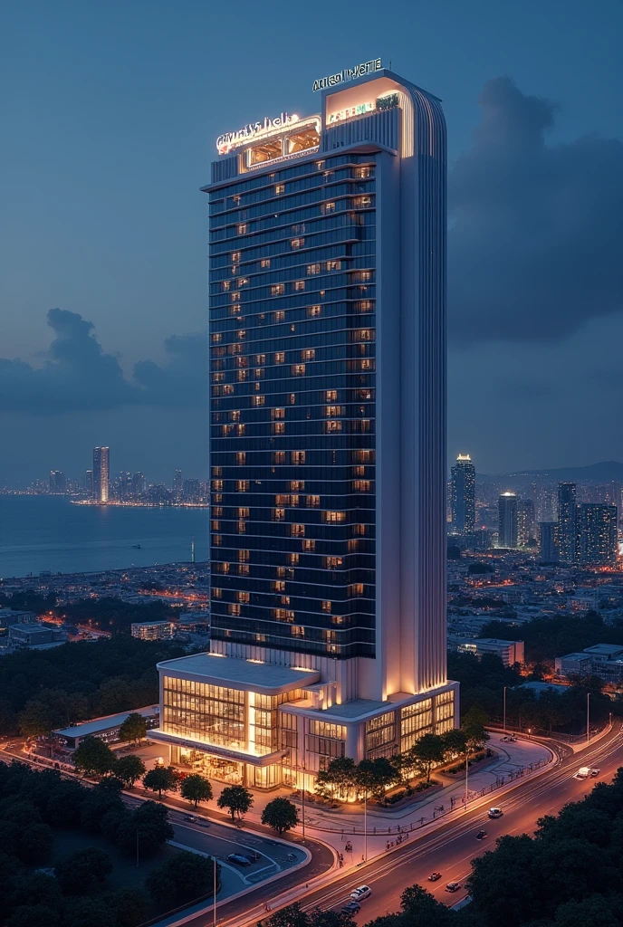 A big modern building in a city near the sea with logo Airways Hotel in night view