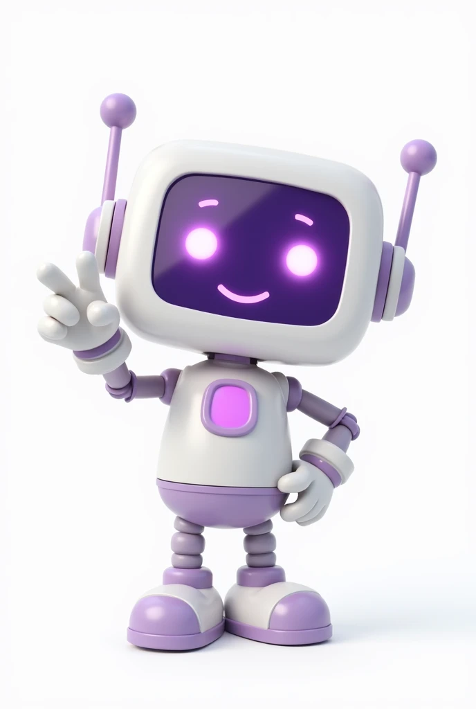 cute white and purple robot, with square head and antennas, smiling and making victory sign in 3d cartoon shape transparent background
