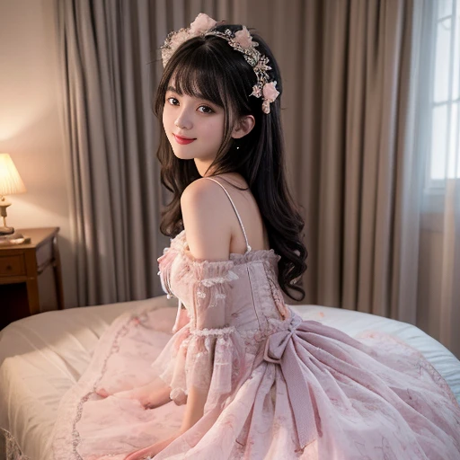 best quality, Delicate face，beautiful visual work, lifelike,  eternity, black hair, Long curly hair, blunt bangs, Smile, Detailed Background,  Delicate face，pink blush，cold，((masterpiece))、(top quality)、8k、high detail、Super detailed，31 years old female，Wearing ****ta dress、Seductive and whimsical style、masterpiece、born、Scenes resembling fairy tale illustrations、Intricate details and complex designs、Beautifully、magic、capricious、 Beautifully、Dream aesthetics、「𝓡𝓸𝓶𝓪𝓷𝓽𝓲𝓬、ethereal、charming、fickle、magic」、Realism、Visual effects、FXAA、SSAO、Shaders、voiceless、ambient lighting、Tone mapping、High resolution、Ultra high quality、Million pixels、(8K resolution:1.10)、8k、Below 8K、8K resolution、high detail、intricate details， (high quality:1.2、masterpiece:1.2、:1.21)、(21 years old female:1.21)、(Smile excitedly)、(Surrounded by the dreamy atmosphere、Model diagram，full-body shot，Normal 2 feet，Don't show your fingers