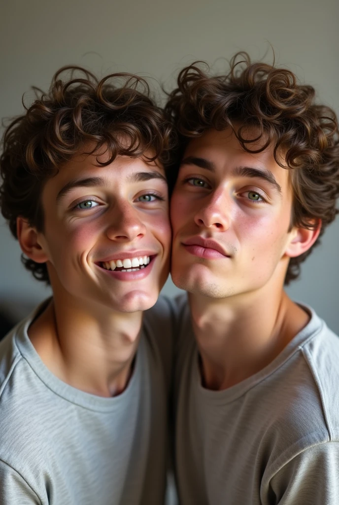 Male twins, with curly hair and blue eyes, one laughing and one more serious
