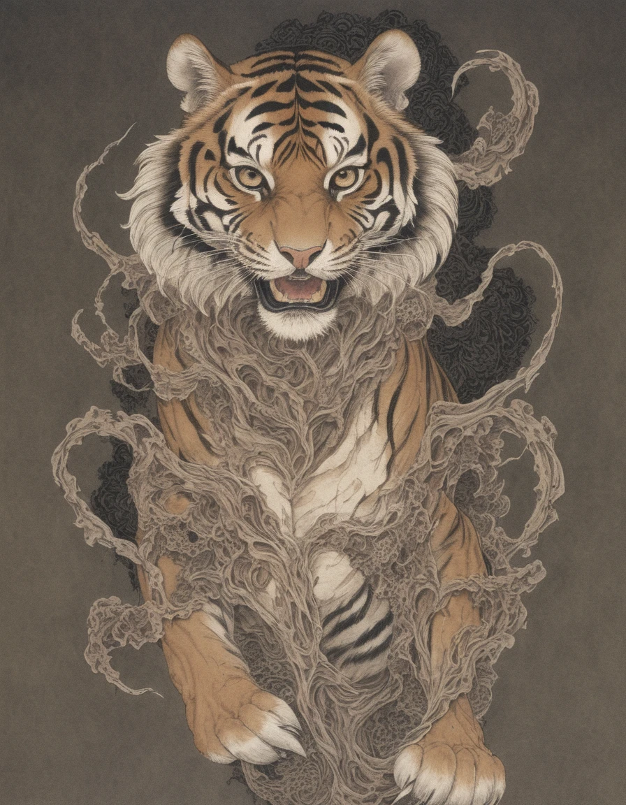 japanese line art,fullbody of a fury tiger jumpping , weathered canvas and brushstroke , (intricate eyeball pattern background:1) , , bad quality , low res, , in the style of takato yamamoto unfinished, ugly,