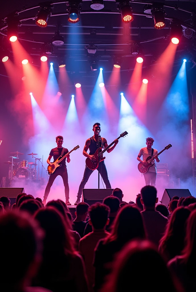 A festival stage with lights and has a pop punk band playing on it