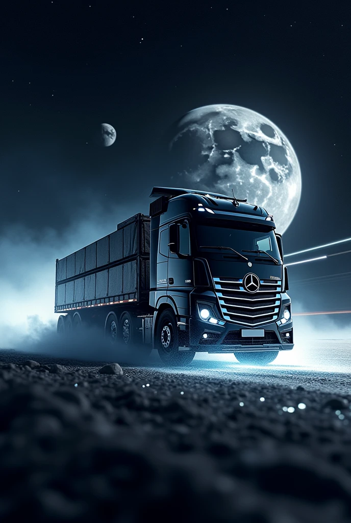 Mercedes axor truck at high speed, at the speed of light, towards the moon, en route to the moon , like a rocket