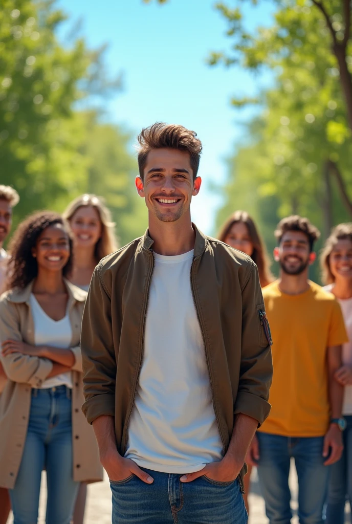 A full-body portrait of a handsome 20-year-old boy standing confidently as he gets his photo taken. He is dressed in modern, stylish casual attire, exuding youthful charm. Beside him, a group of friends is gathered, representing a diverse mix of young adults. They are all smiling and enjoying the moment, standing together in an outdoor setting. The background features a vibrant park with lush green trees and a clear blue sky, creating a lively and cheerful atmosphere that highlights the essence of youth and friendship."