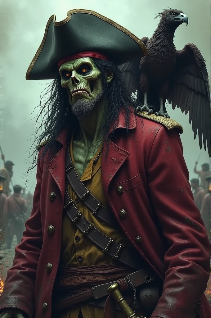 Create a pirate with greenish decaying skin, This pirate has long dark hair and beard. He wears a faded wine red overcoat, has a captain&#39;s hat and on his right shoulder will be his undead vulture, in your hand you will be wielding your sword ready for combat.