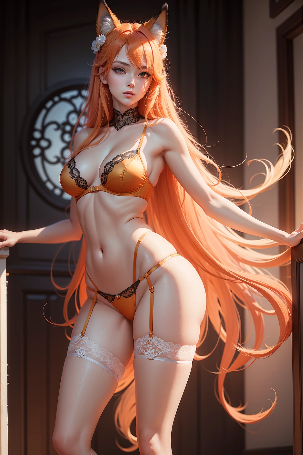 best quality image,Super Meticulous,realistic and delicate,A high resolution,expensive hair, long orange hair, dynamic angle,Dynamic posture,1 character,long blue hair, BLU HAIR, LONG BLUE HAIR,fox eyes,sky blue lingerie underneath,Sky blue lace thong panties,There are fox ears on top of the head,Soft, white long legs,bare-legged,standing, STANDING UP, standing,Female pervert,Charming appearance,Sexy and charming,good figure,jade foot,sensuous, SEMINUA, STAND UP, garter belt lingerie, LACE LINGERIE WITH BANDAGES, RED LINGERIE WITH BANDAGES. RED LINGERIE WITH GOLDEN DETAILS