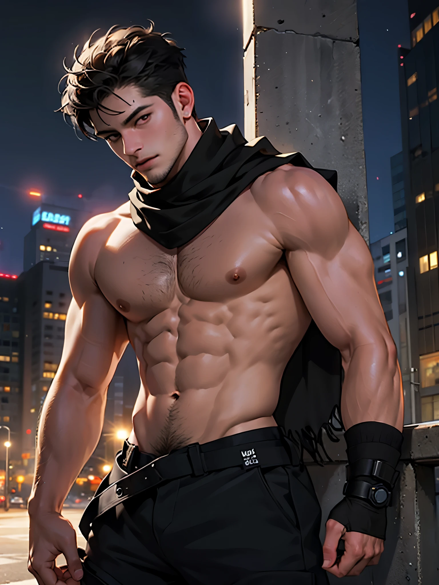 Best quality, masterpiec,ultra high res, furry, real shadow and light, 4K, Cool Pose, ((Human)), ripped body, topless, anthropomorphic, extra detailed body, detailed body, Best quality, masterpiece, ultra high res,detailed background,realistic, real shadow and light,depth of field, ((view from beside)), ((close up)), ((SFW)), ((military pants)), ((half naked)), ((night time)), ((Black scarf)), Ninja scarf, short black hair, red eyes, ((body hair)), public hair, ((hands))