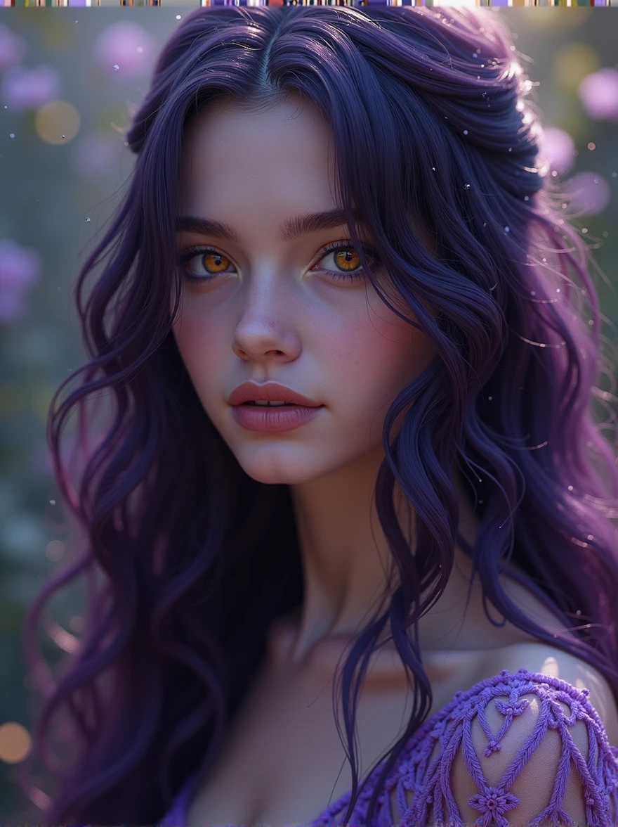Create a cute girl with long dark purple hair, honey-colored eyes, ultra-realistic
