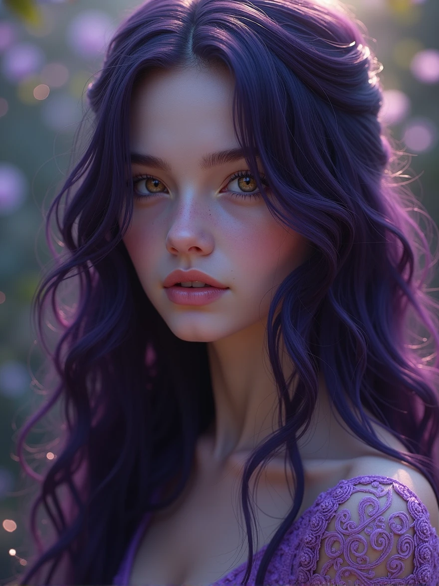 Create a cute girl with long dark purple hair, honey-colored eyes, ultra-realistic