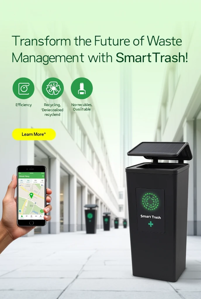 The image shows a modern urban scene with a SmartTrash smart bin in focus. The bin is sleek and futuristic, with a minimalist design and a visible solar panel on top. On the bin’s display, there is a digital interface that shows the bin’s fill level and the waste categories detected (organic, recyclable, non-recyclable). In the background, the city is clean and organized, with other smart bins visible in the distance, highlighting the system’s integration. On the left of the image, the SmartTrash mobile app is on a smartphone, displaying a map with nearby bins and a “Points earned for recycling!” notification. In the top right corner, the slogan “*Transform the Future of Waste Management with SmartTrash!” is displayed in large, striking letters. Below the slogan, the text “Efficiency | Recycling | Sustainability*” is highlighted in a smaller font, with icons representing each benefit. The background is light and clean, with a soft green tone that reinforces the idea of ​​sustainability and innovation. In the lower right corner, there is a striking button with the text “*Learn More*”, which directs you to the product website. in Portuguese