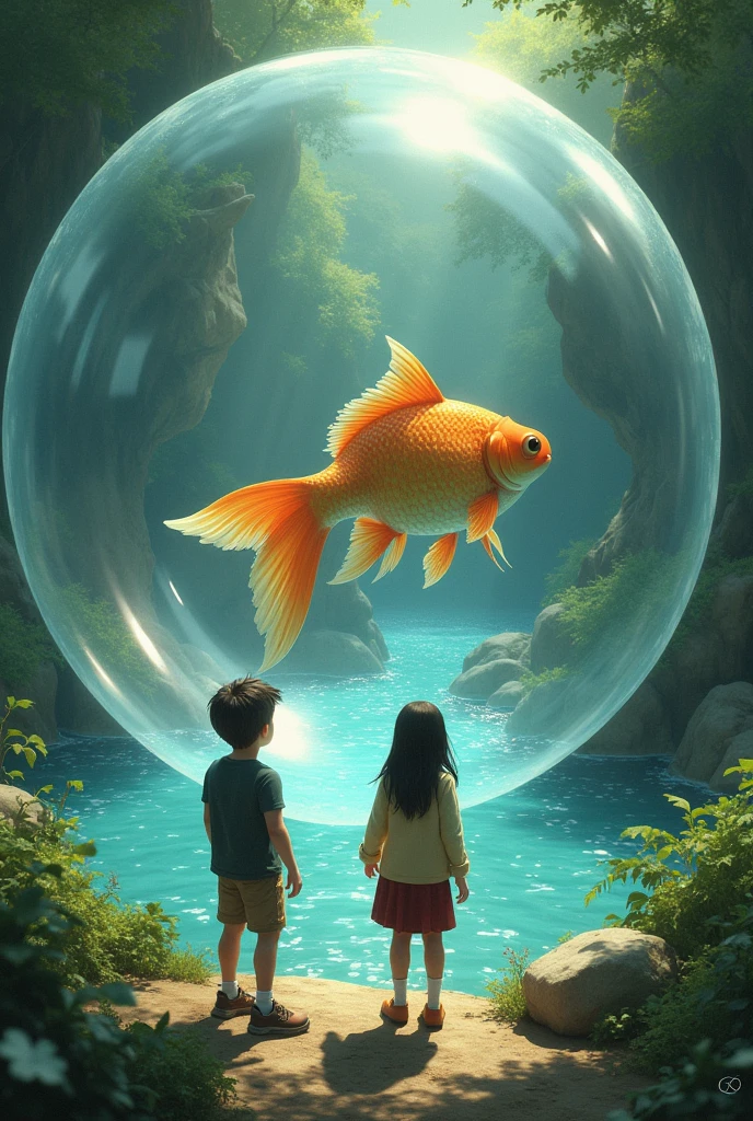 Following the trail, Pedro and Laura arrived at a sparkling river, guarded by a goldfish hybrid, surrounded by a giant bubble of water The fish challenged them to a riddle to cross the river.