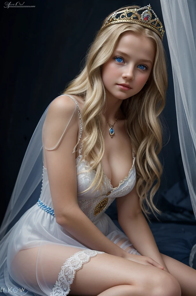 Beautiful little medieval Russian princess 7 , long wavy blonde hair, blue eyes being harassed and groped in a dark room with a transparent white dress by a man over 35 years old touching her legs, kissing her breasts