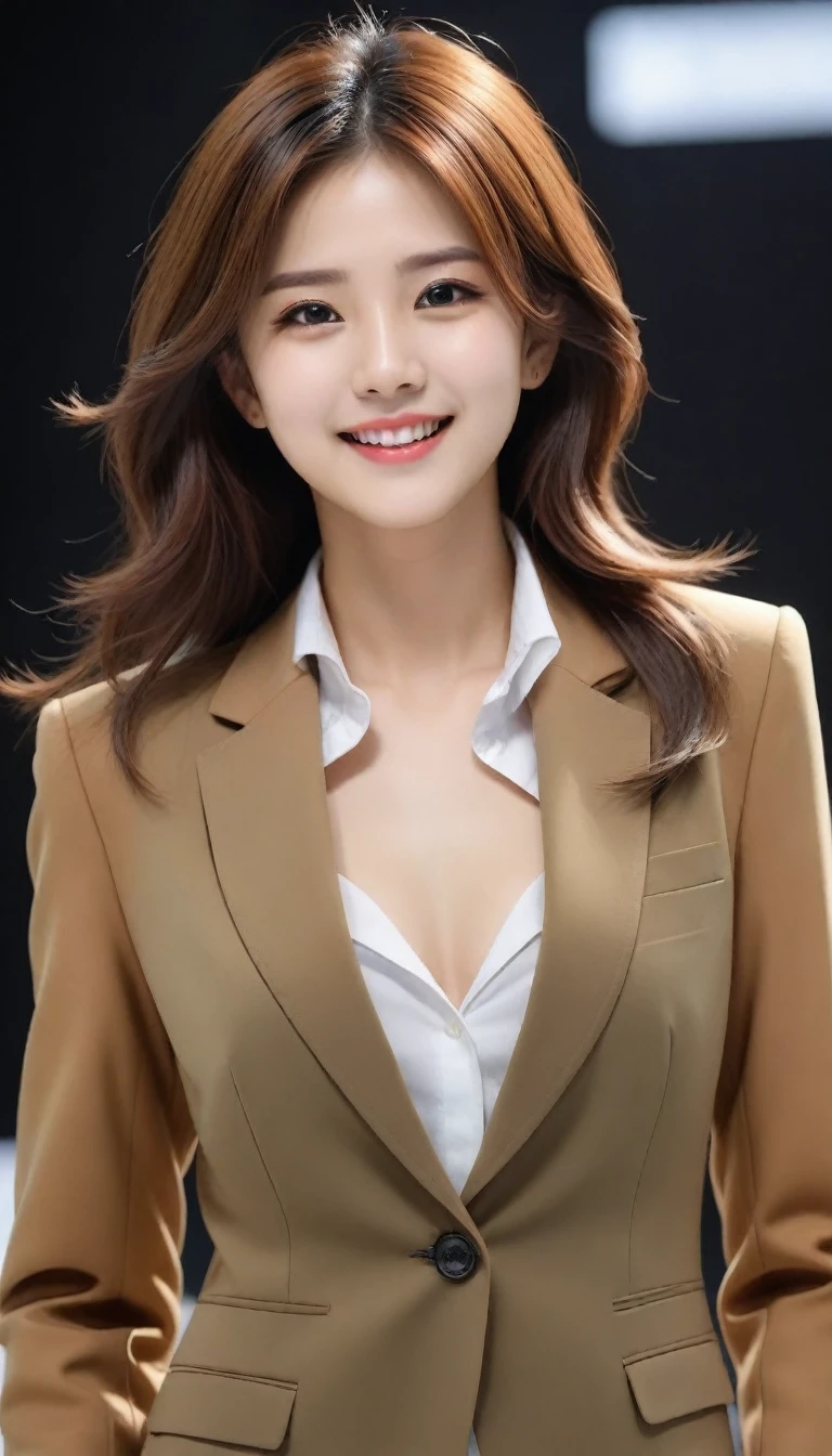 8k, ultra high resolution, best quality, masterpiece, 三分割法によるpicture,surreal, picture, 1 girl, (:1.3), Pretty Woman, Cute face, Beautiful Eyes in Every Detail, 細かくdetailedに,masterpiece,one girl:1.2, Japanese female announcer,tabletop、Light brown disheveled hair,Wearing a blazer uniform、sharp focus、Complete dynamic configuration、Beautiful and detailed、thin hair、Detailed, real skin texture、laugh、클로즈업 portrait、model body type,Looking at the audience、beauty,long neck、(((ideal body type))), one cup :2,、portrait:2、complete anatomy、なdetailed、detailed、surreal、light and shadow,strong light, bright background