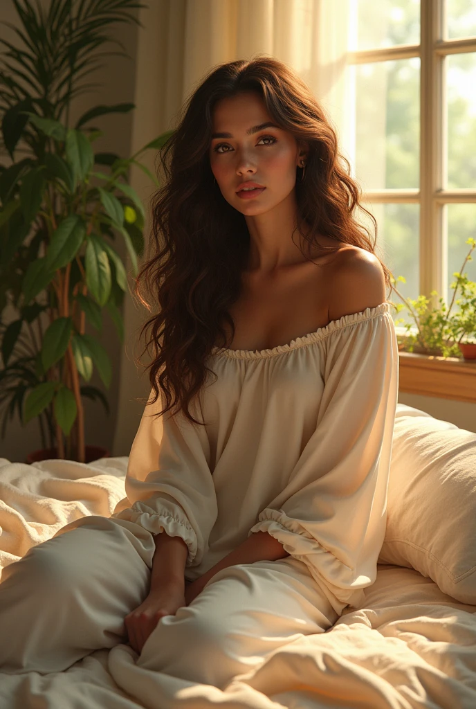 (photorealism:1.2), beautiful woman, sitting on bed, wearing loose off-shoulder top, pajama pants, long curly hair, indoors, soft lighting, plants in background, window with sunlight, cozy room, relaxed pose, realistic, intricate details, warm colors, by Greg Rutkowski, by Alphonse Mucha