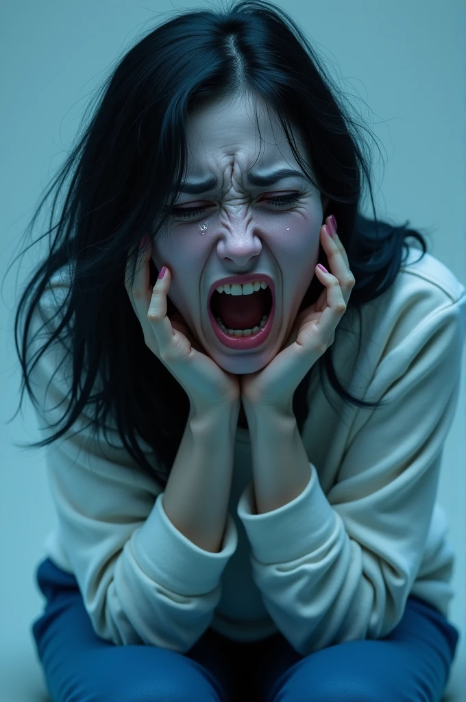 A very sad blue-skinned woman with a white sweatshirt and blue pants, blue accessories, black hair, brown eyes and a big mouth full of tears.