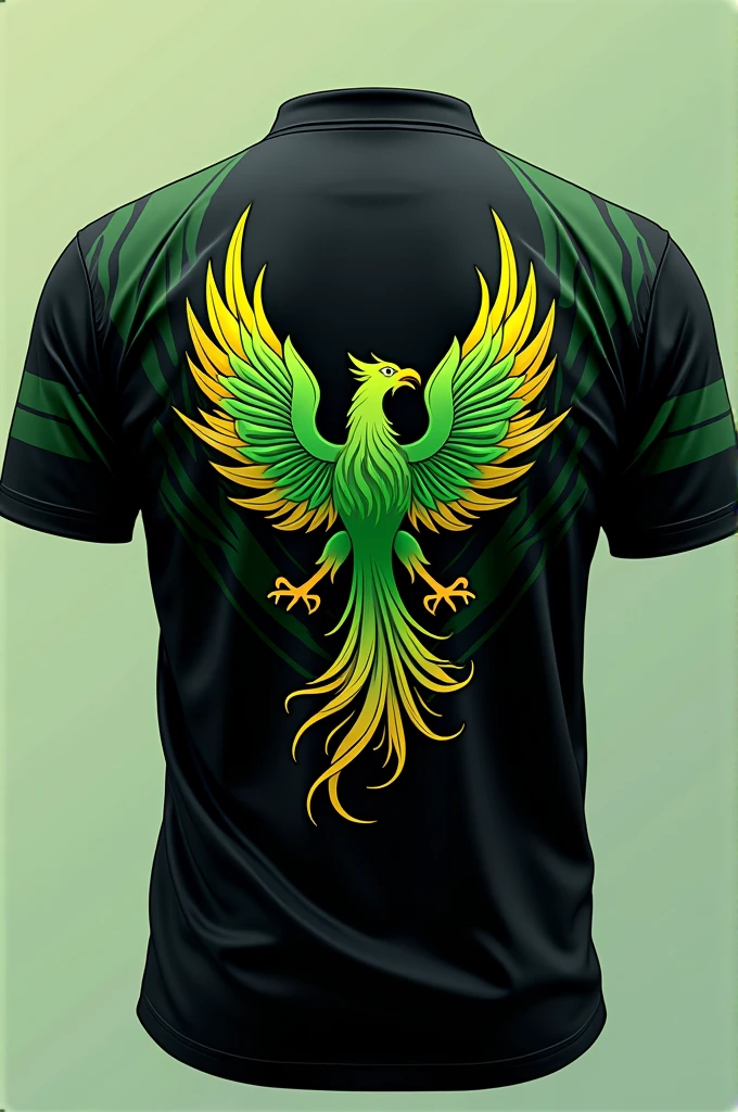 Interclass shirt in black and green tones with phoenix mascot on the back, number and name 