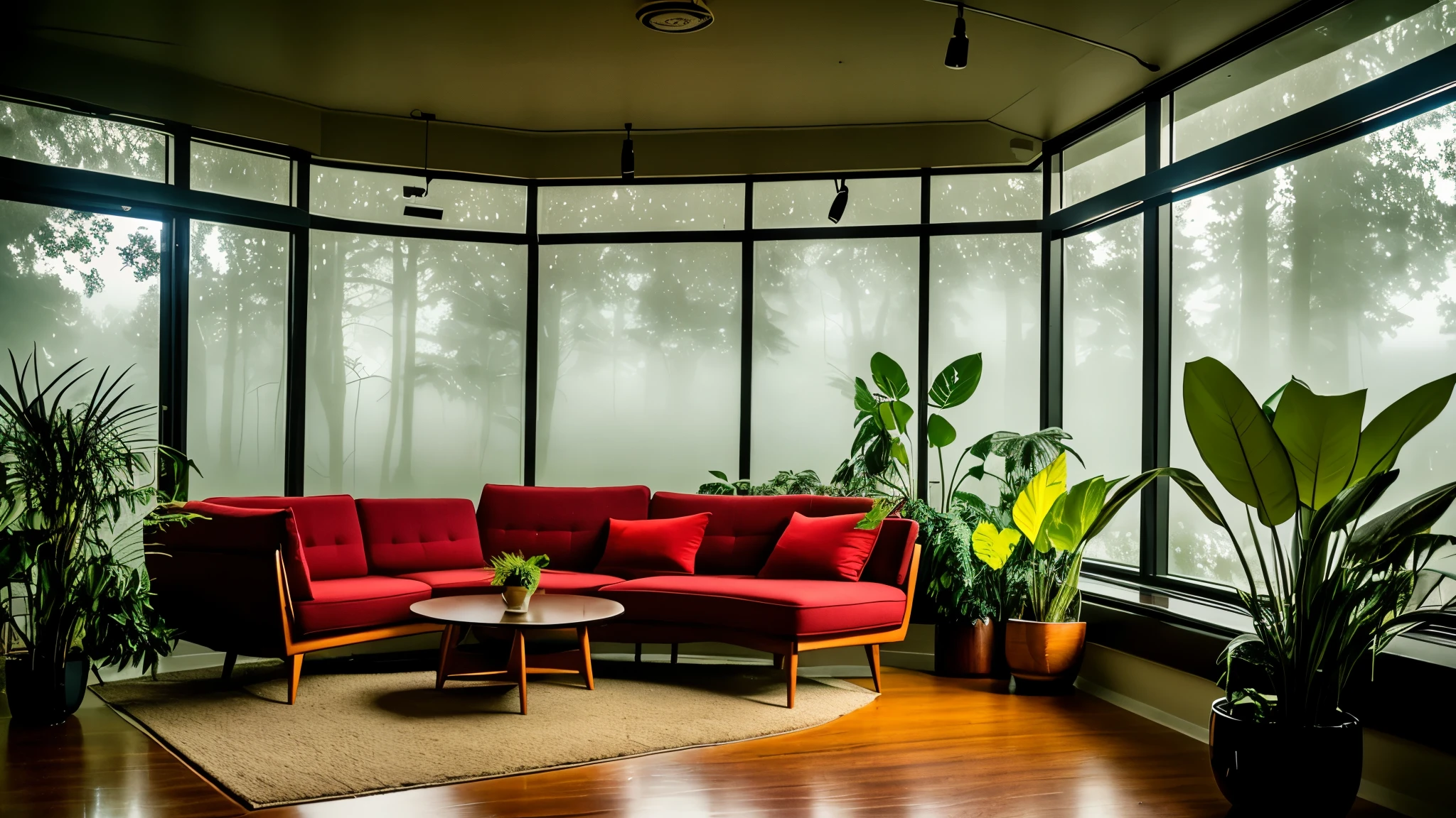 Mid-century modern living room dimly lit, outside is dark rainy nights, (foggy rainy nights: 1.2), Pacific Northwest, (dim lights: 1.4), (moody lights: 1.2), plants, figures, rainy days, monstera, many plants, (foggy windows: 1.2), masterpiece, best quality, twilight, (night: 1.4), rainy nights, after sunset,