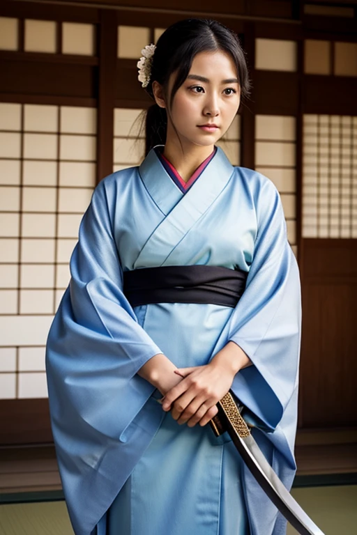 A woman in her twenties is wearing an open kimono Fair skin Big eyes gazing into the distance A lonely look Holding a Japan sword in his right hand、holding a scabbard in his left hand Swordsman