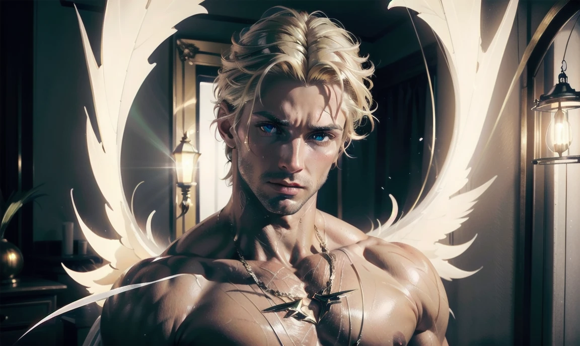 [((highly detailed, detailed eyes, detailed face, clear and realistic facial features, photorealistic, realistic light, cinematic)), (1 man), Gorgeous and sexy and powerful male angel with large wings blond hair green eyes and a unimpressed expression on his face, (((aura of divine power))), standing in a cozy apartment at nighttime, ((light blush)), (((wearing an indignant expression)))]