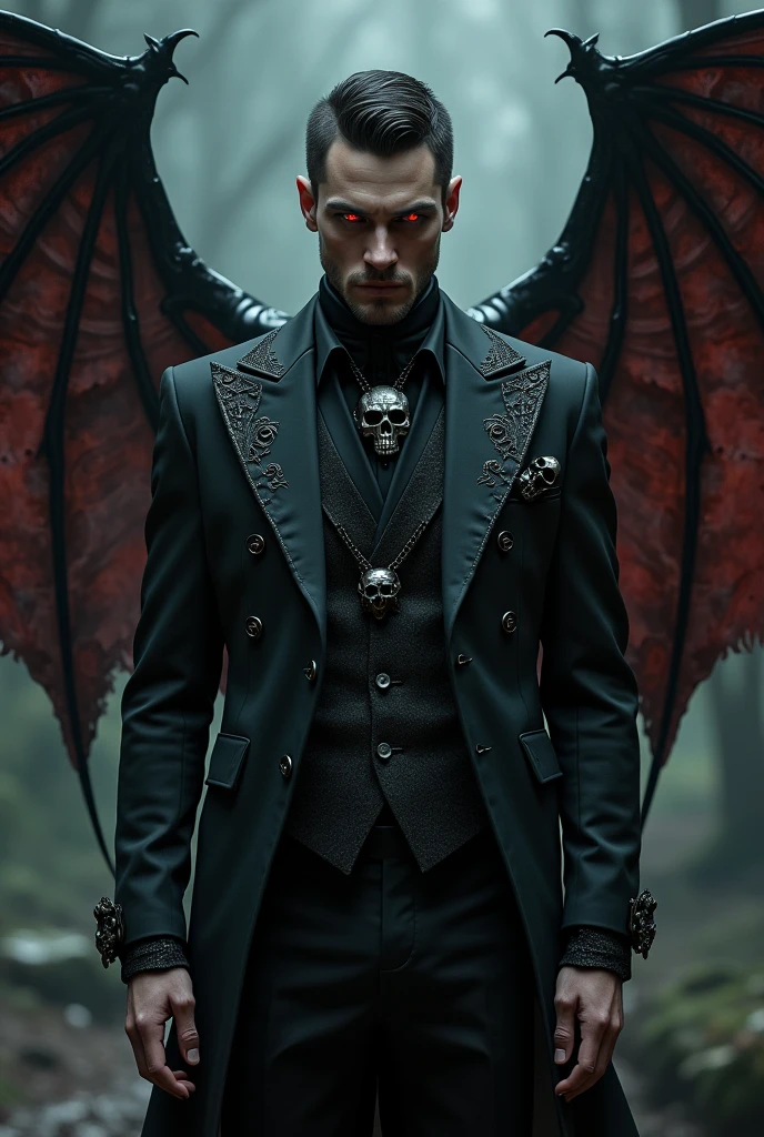 A handsome red-eyed guy wearing a gothic suit and skull accessories. Has 3 pairs of torn bat wings