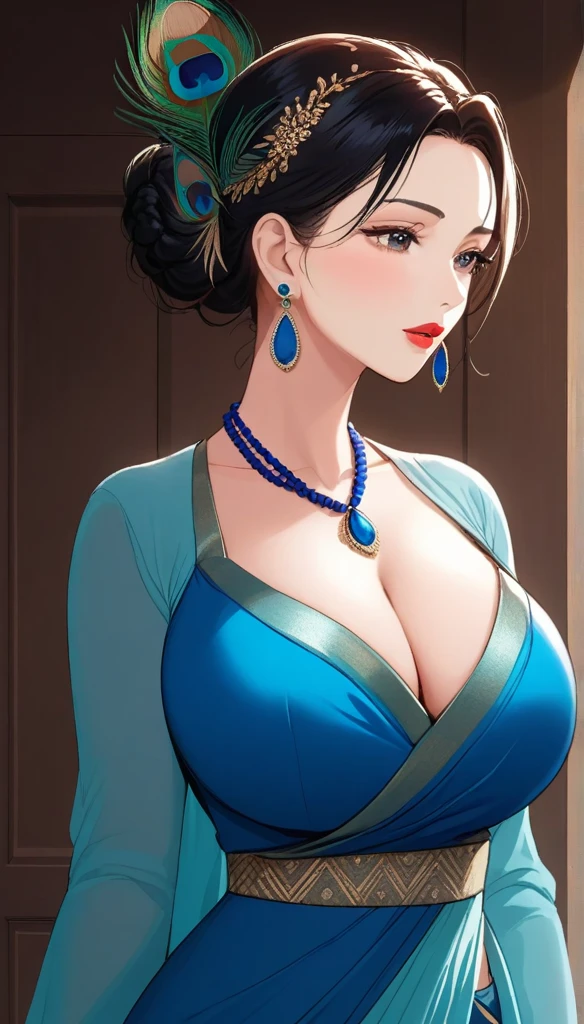 (1woman, mature, hair braid bun , long peacock feather earrings , detailed alluring , saggy breasts,blue saree, lipstick, feather necklace,