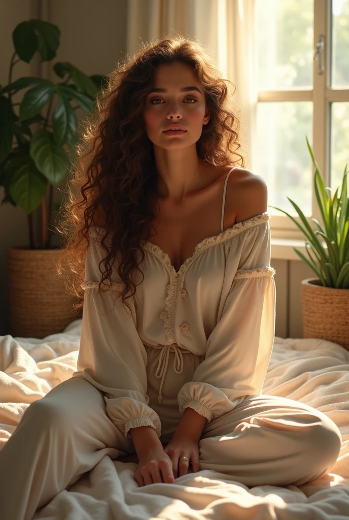 (photorealism:1.2), beautiful woman, sitting on bed, wearing loose off-shoulder top, pajama pants, long curly hair, indoors, soft lighting, plants in background, window with sunlight, cozy room, relaxed pose, realistic, intricate details, warm colors, by Greg Rutkowski, by Alphonse Mucha