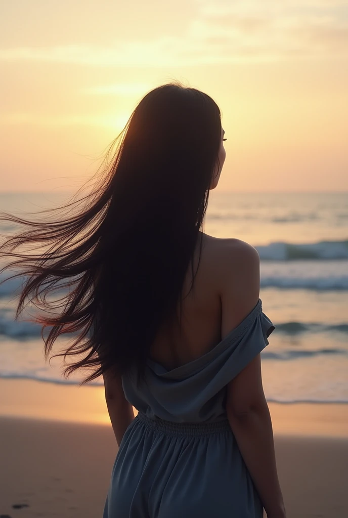 A woman with black long hair with her back on the camera at the beach.