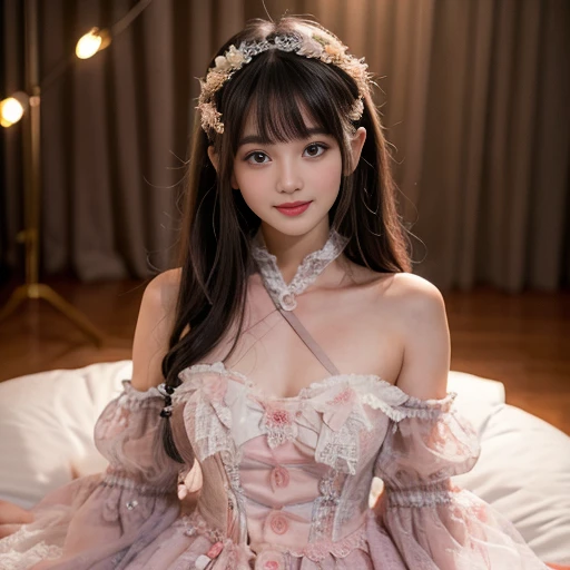 best quality, Delicate face,beautiful visual work, lifelike, eternity, black hair, Long curly hair, blunt bangs, Smile, Detailed Background, Delicate face,pink blush,cold,((masterpiece))、(top quality)、8k、high detail、Super detailed,31 years old female,Wearing ta dress、Seductive and whimsical style、masterpiece、born、Scenes resembling fairy tale illustrations、Intricate details and complex designs、Beautifully、magic、capricious、 Beautifully、Dream aesthetics、「𝓡𝓸𝓶𝓪𝓷𝓽𝓲𝓬、ethereal、charming、fickle、magic」、Realism、Visual effects、FXAA、SSAO、Shaders、voiceless、ambient lighting、Tone mapping、High resolution、Ultra high quality、Million pixels、(8K resolution:1.10)、8k、Below 8K、8K resolution、high detail、intricate details, (high quality:1.2、masterpiece:1.2、:1.21)、(21 years old female:1.21)、(Smile excitedly)、(Surrounded by the dreamy atmosphere、Model diagram,full-body shot,Normal 2 feet,Don't show your fingers