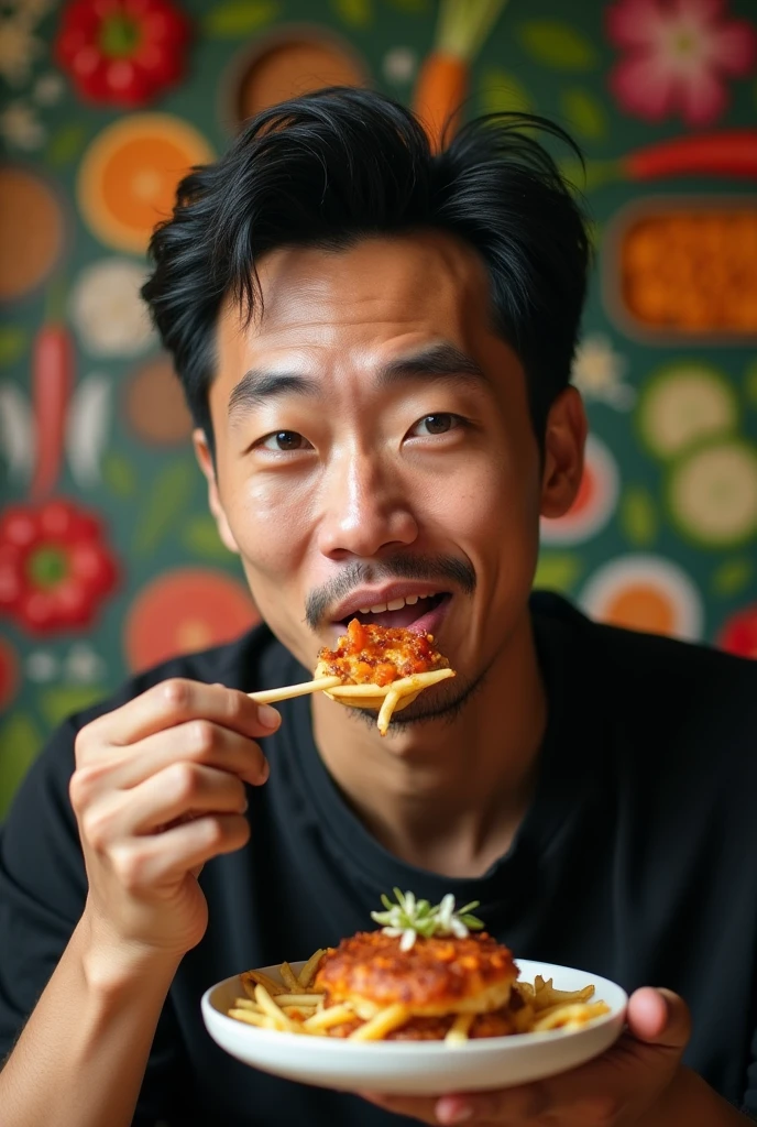 photorealistic, best quality, masterpiece, extremely detailed, masculine, sexy, homoerotic, extremely handsome, 30 year old japanese man, muscular build, big smile, topless, offers a fried chicken drumstick towards the camera, in homey kitchen, cinematic shadows, dreamy atmosphere, perfect face, perfect fingers, perfect hands, perfection
