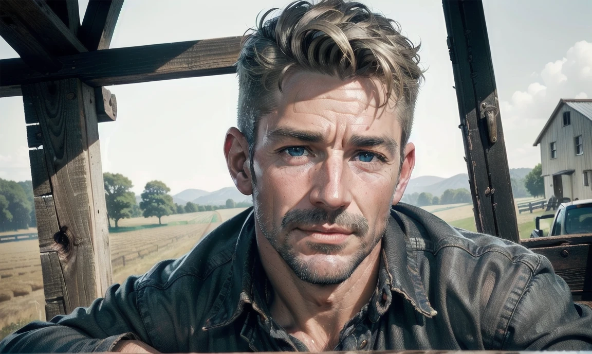 [((highly detailed, detailed eyes, detailed face, clear and realistic facial features, photorealistic, realistic light, cinematic)), ((((1 man)))), Mark is a handsome and alluring slender but muscular male farmer father aged 45 with short blond hair and a neat moustache and blue eyes and weathered skin wearing a flannelette shirt, ((sexy rural gay farmer)), ((greying dark-blond hair)), (((weathered mature face))), (((Mark has a seductive smirk on his face and a slight blush on his cheeks))), There is a charming yet dry southern farm in the background, (((air of sexual tension))) (((alluring longing glance)))]