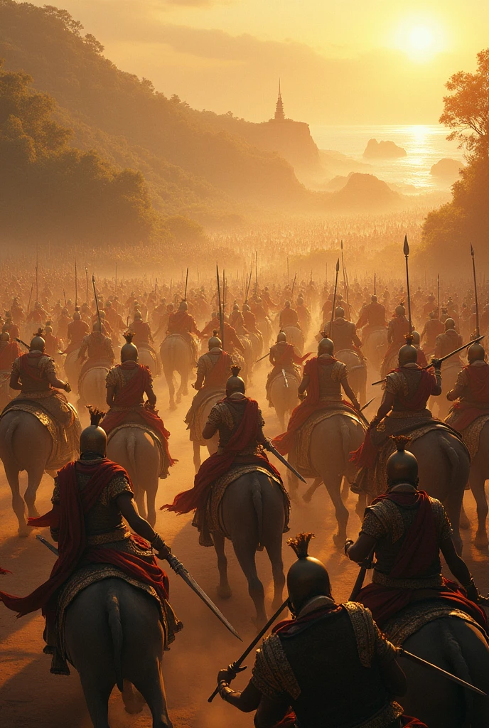 Ancient Chinese soldiers meet ancient European soldiers in the jungle,Weapon each other against each other,The atmosphere is intense,