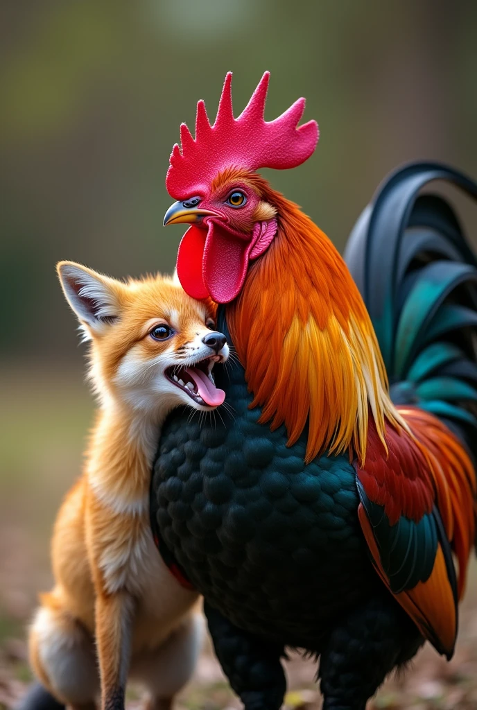 a rooster eating holding a fox by the neck