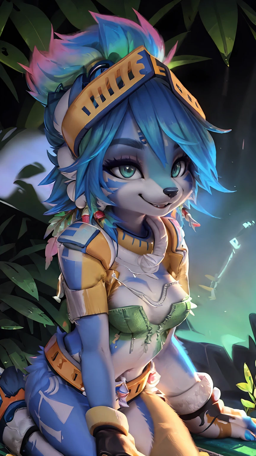 A beautiful and detailed (sweet picture) wa ((krystal)), Star Fox Krystal, sslim, lovable, green eyes, medium breasts, (((Long blue hair 1.3))),  ((Tips for black hair)), Decollete, grin, look up,, anthro, furry, Uploaded E621, detailed fluffy fur, (wa Fluff-Kevlar, Bayard Wu, personalize me, Pino Daeni), detailed face, (fluffy), 1 girl, alone, (((Tribal clothing:1.3))), ((leather breastplate)), sweet girl, alone,
