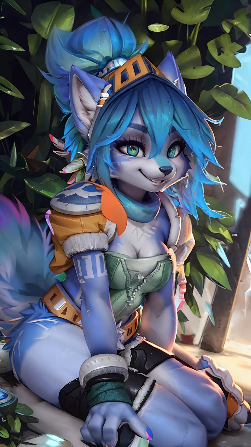 A beautiful and detailed (sweet picture) wa ((krystal)), Star Fox Krystal, sslim, lovable, green eyes, medium breasts, (((Long blue hair 1.3))),  ((Tips for black hair)), Decollete, grin, look up,, anthro, furry, Uploaded E621, detailed fluffy fur, (wa Fluff-Kevlar, Bayard Wu, personalize me, Pino Daeni), detailed face, (fluffy), 1 girl, alone, (((Tribal clothing:1.3))), ((leather breastplate)), sweet girl, alone,
