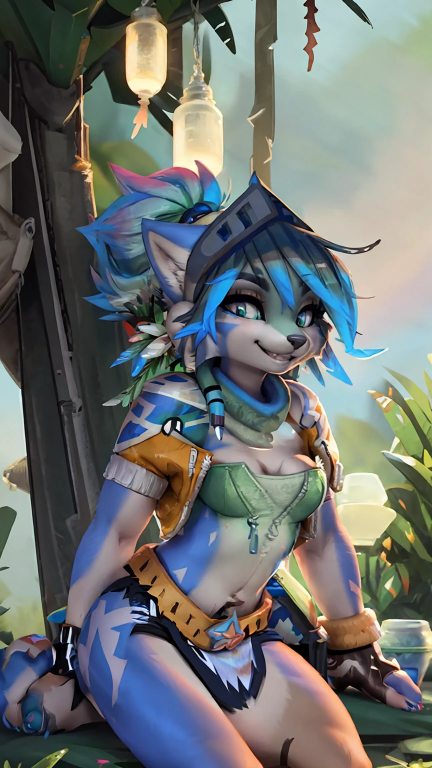 A beautiful and detailed (sweet picture) wa ((krystal)), Star Fox Krystal, sslim, lovable, green eyes, medium breasts, (((Long blue hair 1.3))),  ((Tips for black hair)), Decollete, grin, look up,, anthro, furry, Uploaded E621, detailed fluffy fur, (wa Fluff-Kevlar, Bayard Wu, personalize me, Pino Daeni), detailed face, (fluffy), 1 girl, alone, (((Tribal clothing:1.3))), ((leather breastplate)), sweet girl, alone,
