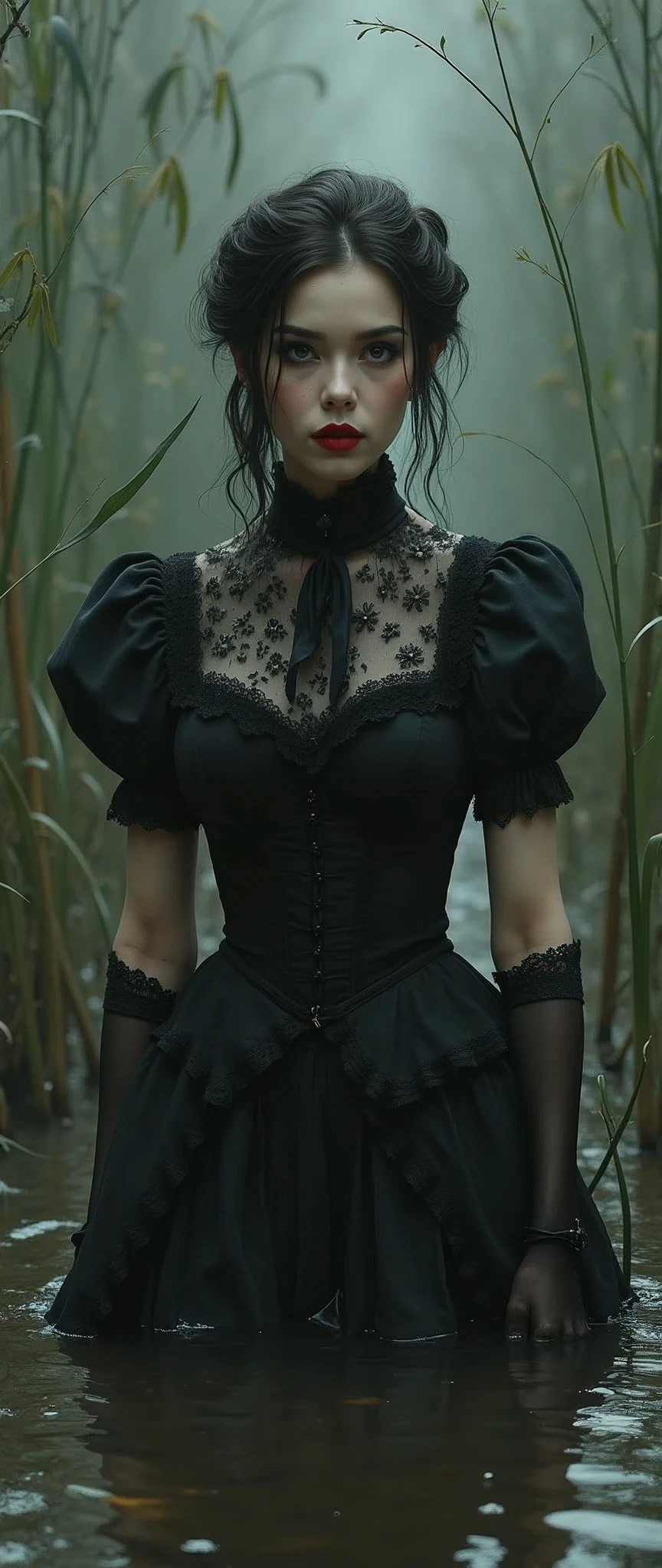  drama, stuck in bog,high-neck style, closed dress, short mini-dress, hips, high-neck dress, aristocratic hairstyle, stockings with garters, red lips, goth, aristocratic behaviour