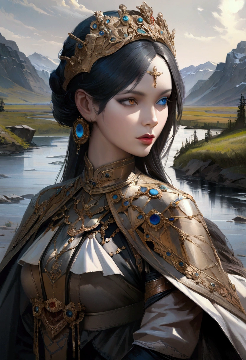 Siberia,Strange,make up,Heterochromia,Intricate details,elegant,8K resolution,Realistic rendering,(Ashley Wood Style:1.2),(Nick Vicesi Style:0.6), Chemiluminescence,1 girl,landscape, water, (Extremely detailed CG unity 8k wallpaper), The most beautiful works of art in the world, Professional Majestic Oil Painting, complex, High Detail, Clear focus, dramatic, Realistic Art
