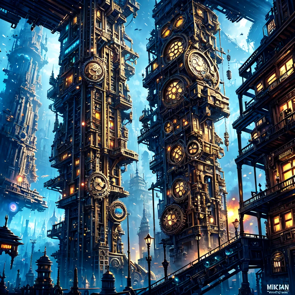 gears are attached to the sides of a building in a futuristic city, concept art by Mike "Beeple" Winkelmann, cgsociety contest winner, retrofuturism, ancient steampunk city, golden steampunk city atmosphere, in steampunk cityscape, steampunk city, a steampunk city, victorian steampunk mega city, steampunk city background, in a steampunk distopian city, digital steampunk art