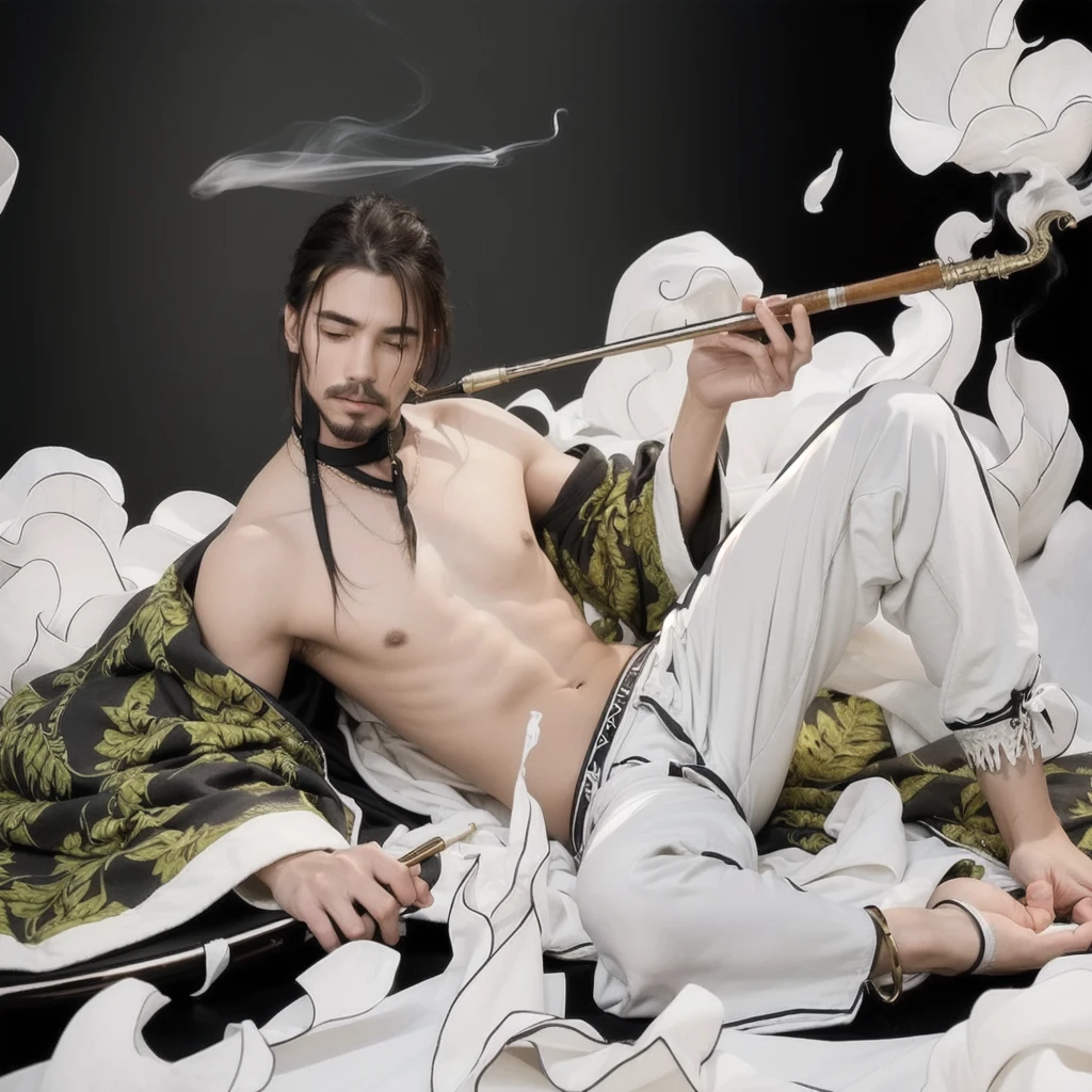 a close up of a person laying on a bad with a tobacco pipe and smoke aroud him, realistic