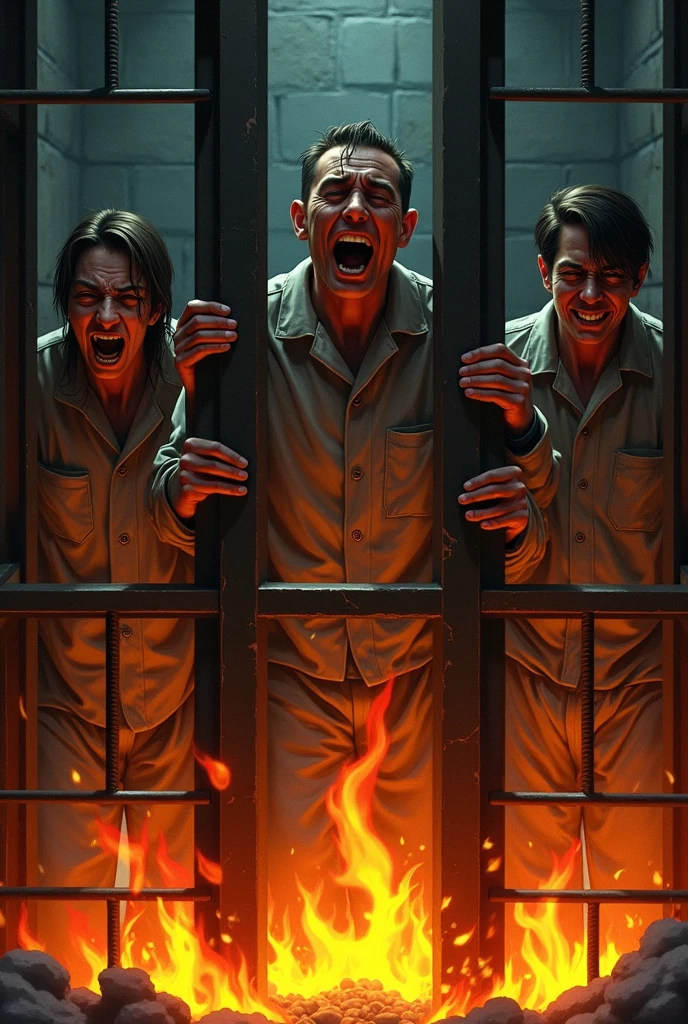 Create me a 750 x 1334 image Where the image is divided into 3 vertically, that the bottom part turns yellow and simulates flames coming out like a fire, The top part will be black, which is where the future title will go, and the middle part will be red., Adds three prison inmates holding the bars of their cell while they burn, showing great pain