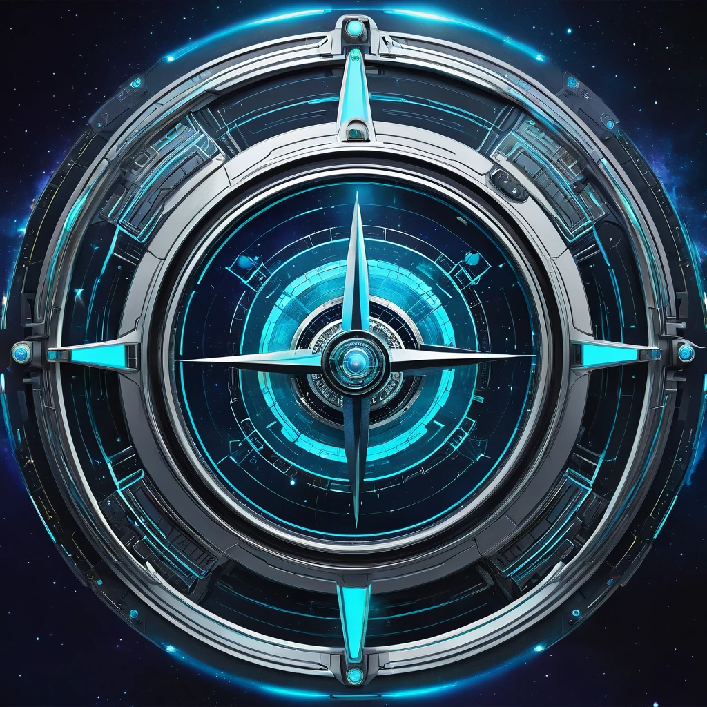 generate a brand strategy image in a futuristic intergalactic style in the form of. There must be a compass 