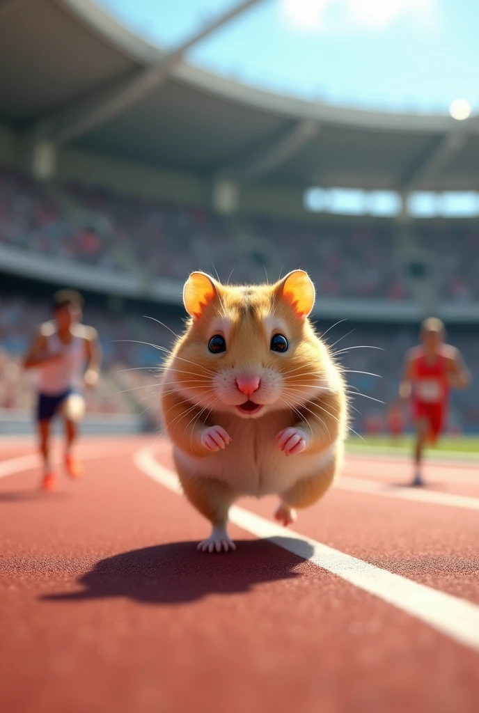 realistic hamster running on olympic with other real human and wining the race, show a clearer picture of Olympic ground