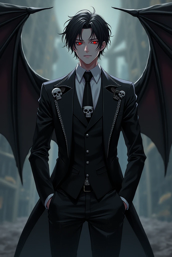 A handsome red-eyed guy wearing a gothic suit and skull accessories. Has 3 pairs bat wings. Anime style
