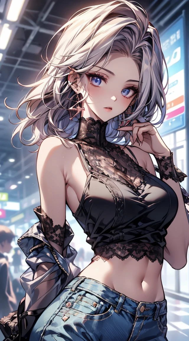 upper body photo of a beautiful woman, handling cell phone in the middle of the street, [see-through](short lace cami:1.47), fuge breast, big tits, (narrow waist, perfect body curve), deep Navy crashed denim, earring, sharp focus, (tall body, adult woman), ((looking at away)), (high detailed skin, skin pores:1.4), (correct anatomy:1.5, ideal ratio of body proportions:1.1),