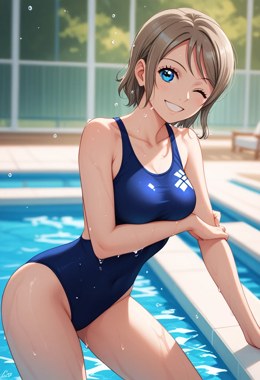 (masterpiece), 8k wallpaper, alone, Watanabe Yo, Are standing, In-person audience,School corridor, Side bust,One piece swimsuit,Low cut at hips, blue eyes, Beautiful and exquisite face and eyes, Half body in the pool , Recall,Wet, (Shiny water droplets:1.2), smile , Leaning forward , Wedge Shape,Exposing her ass , Underarm, adjust,Wink